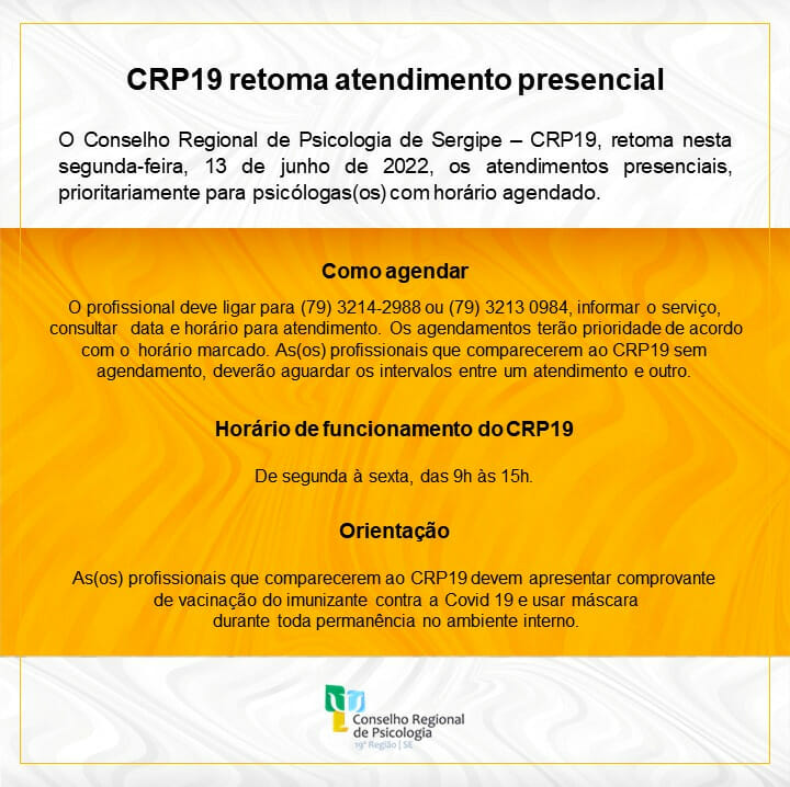 CRP19 retoma atendimento presencial