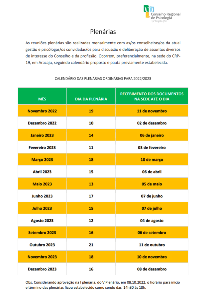 CALENDÁRIO DAS PLENÁRIAS ORDINÁRIAS PARA 2022/2023