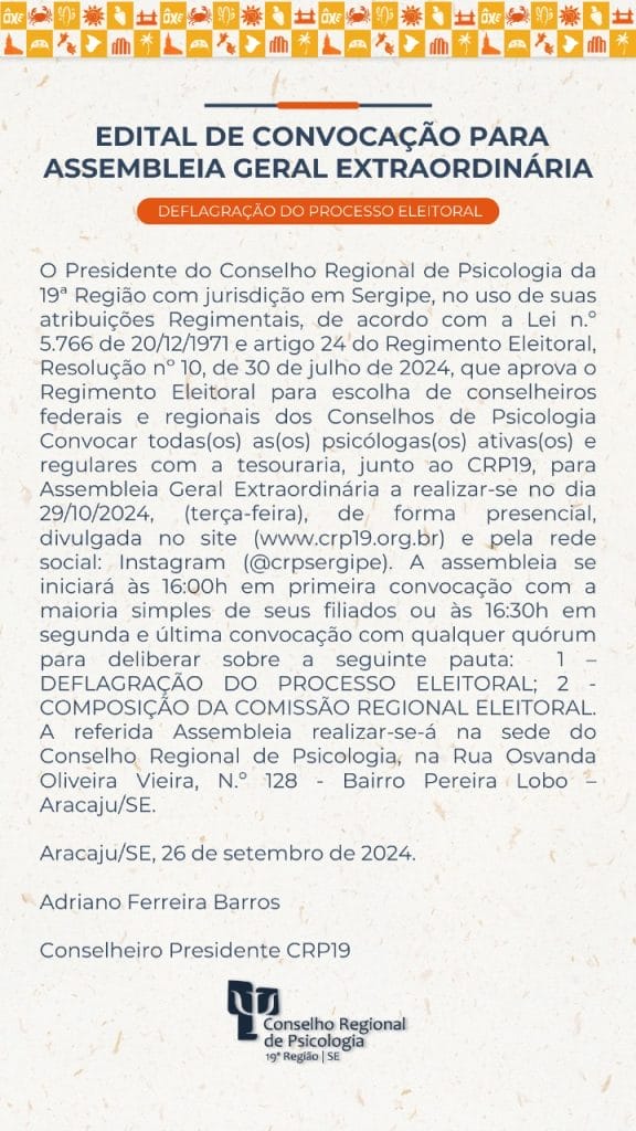 Edital de Convocação para Assembleia Geral Extraordinária – Eleições CRP19